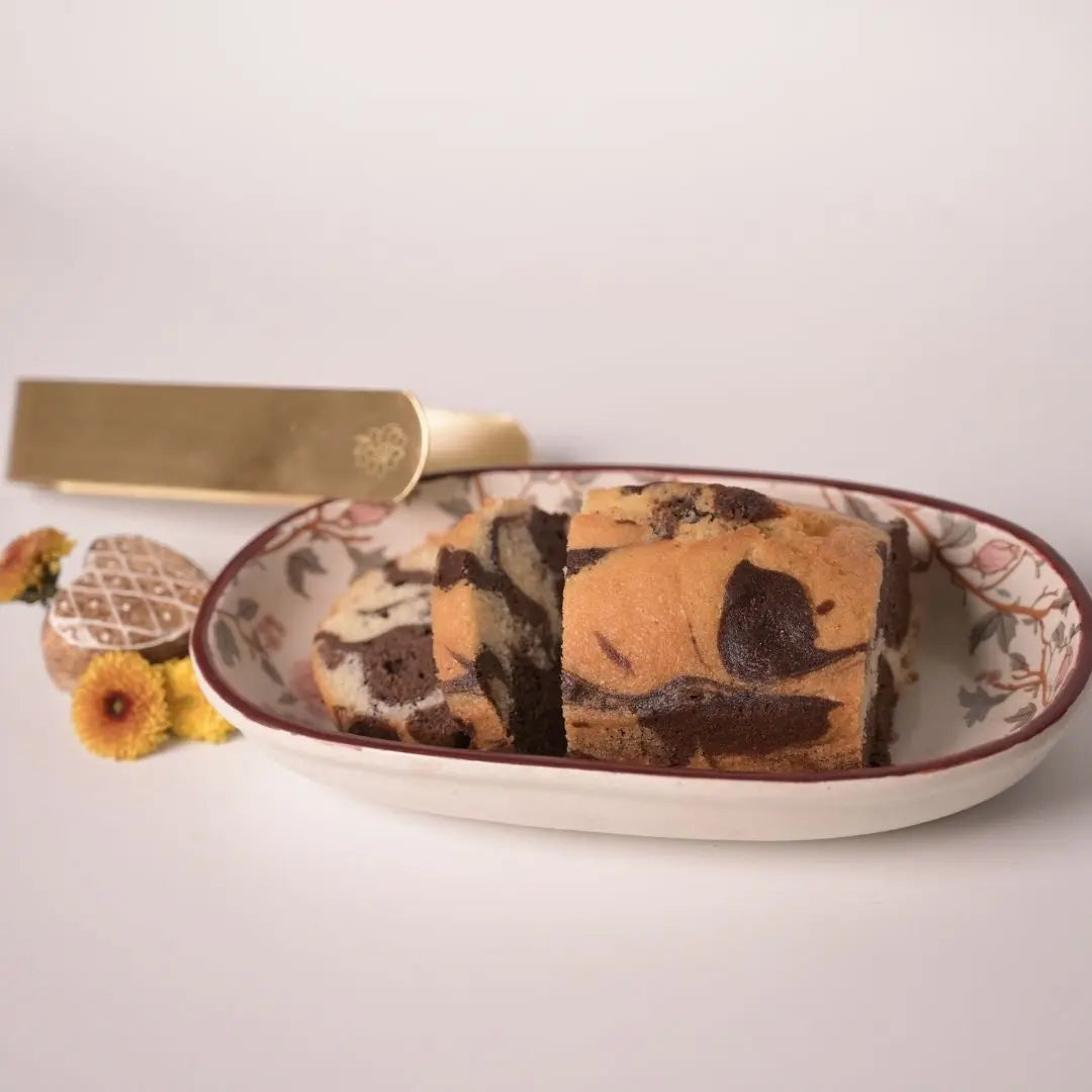 Handcrafted Stoneware Serving Tray - Peony Print, Oval, Brass Tong Set