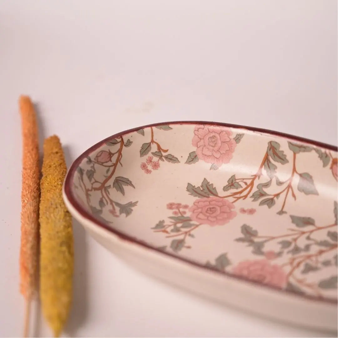 Handcrafted Stoneware Serving Tray - Peony Print, Oval, Brass Tong Set