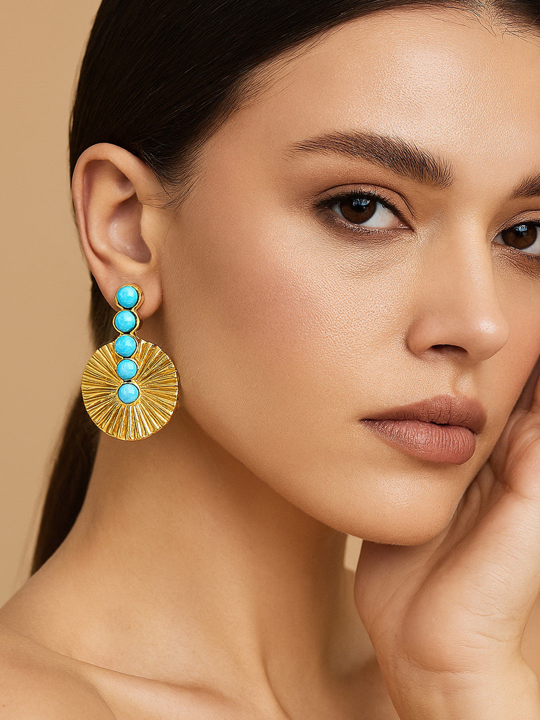 Gold-Plated Turquoise Spherical Drop Earrings – Fashion Jewellery – Post-Back Closure – 4cm Drop