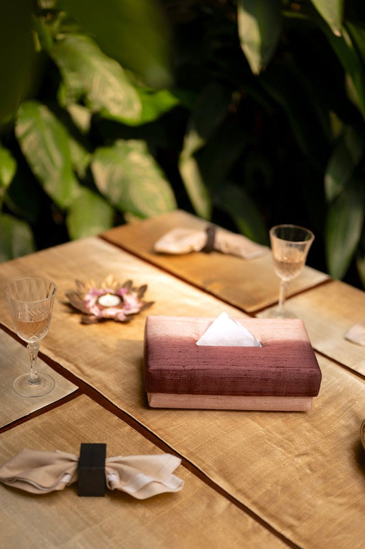 Handwoven Dupion Silk Tissue Box - Wine Hued, Mapuche Arrow Pattern