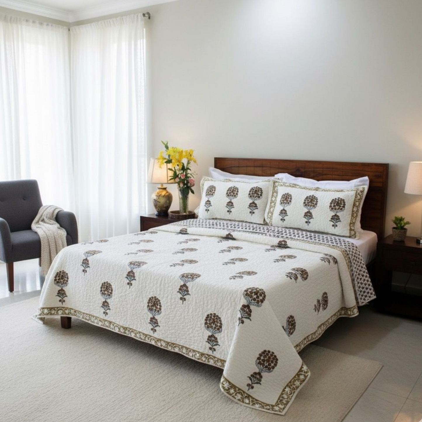 Bedsheet | Handblock Quilted |  3 Pc Set