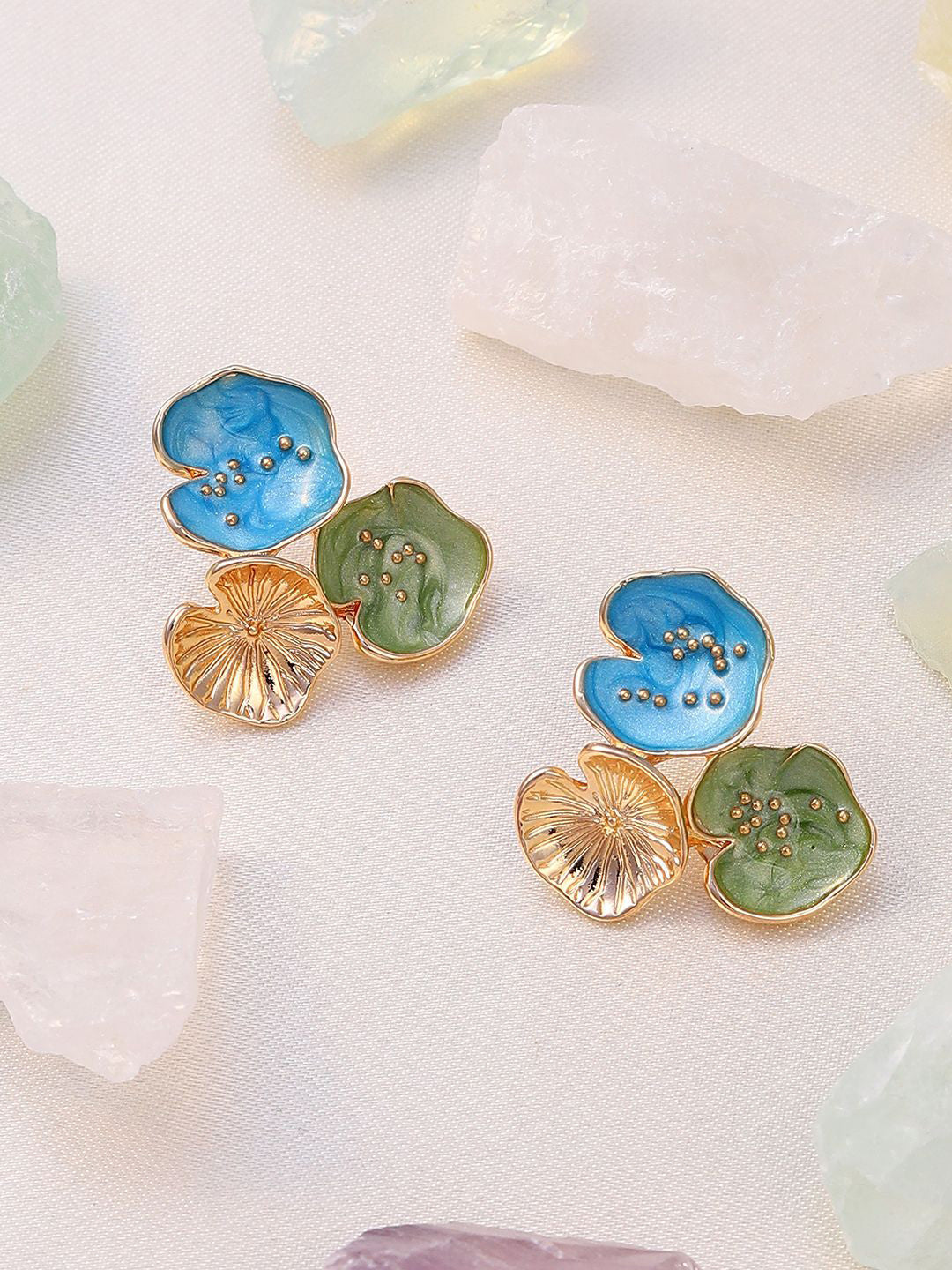 Gold Plated Stud Earrings – Blue Contemporary Design – 2.5 cm