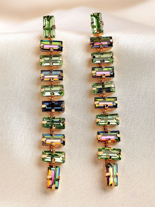 Gold Plated Rhinestone Studded Drop Earrings – Rectangular Shape – Green Accents – 8cm Length
