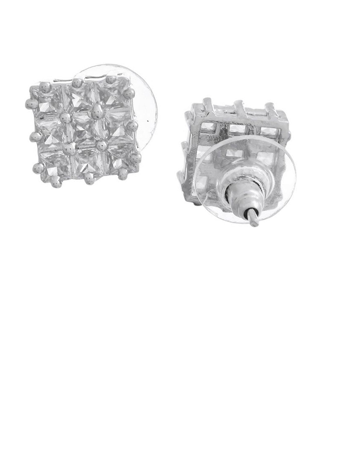Silver-Plated Square Stud Earrings – Fashion Jewelry – American Diamond Accents – 1cm Pair
