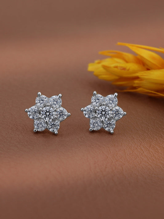925 Sterling Silver Rhodium Plated CZ Floral Stud Earring – Petite – 1.00 cm