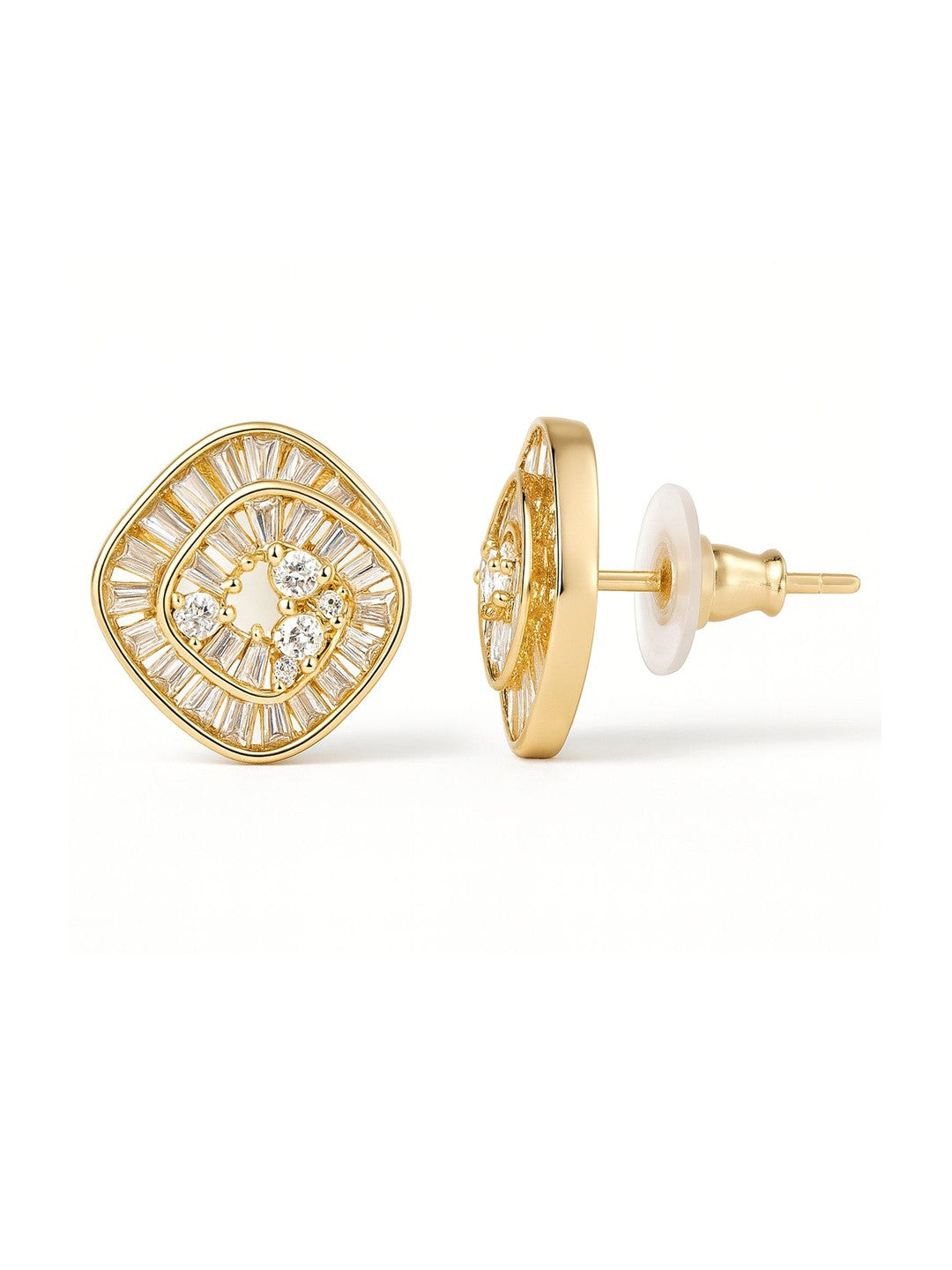 Gold-Plated American Diamond Square Studs – Fashion Earrings – AD Embellished – 1.9x1.8cm