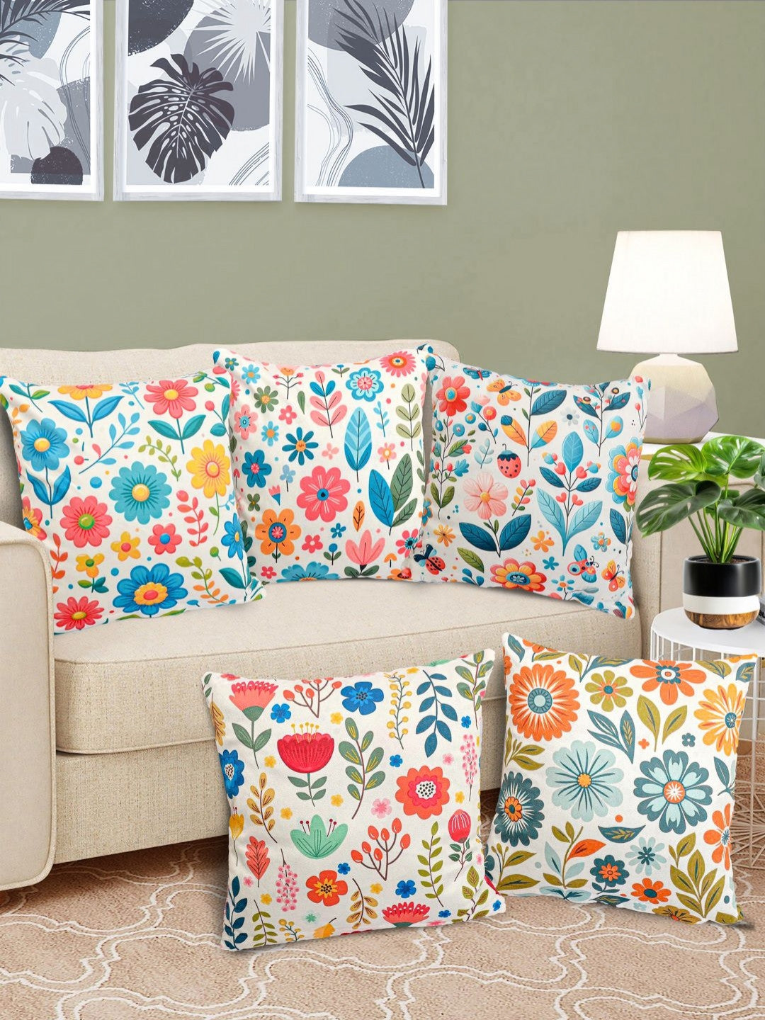 Set of 5 - White Floral Reversible – Cushion Covers – Velvet Digital Printed – 40x40 cm