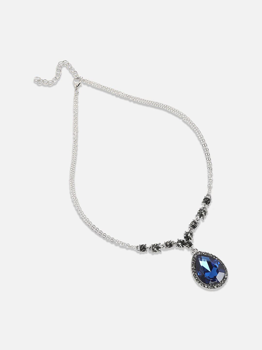 Blue Stone-Studded Necklace – Silver-Plated Alloy Jewellery – 42cm Length
