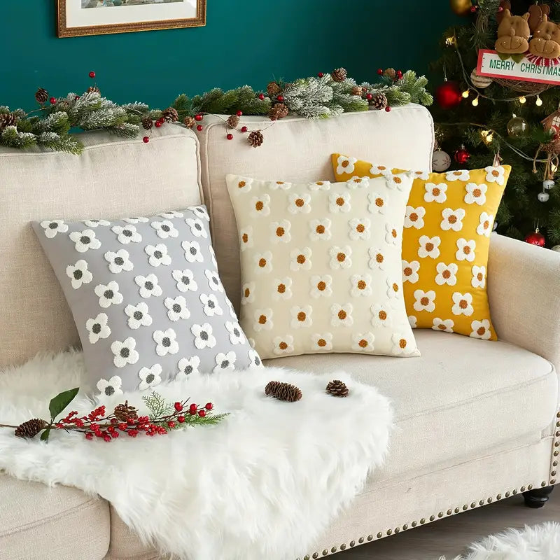 Floral Embroidered Throw Pillow Covers - Yellow Canvas Sofa Decor