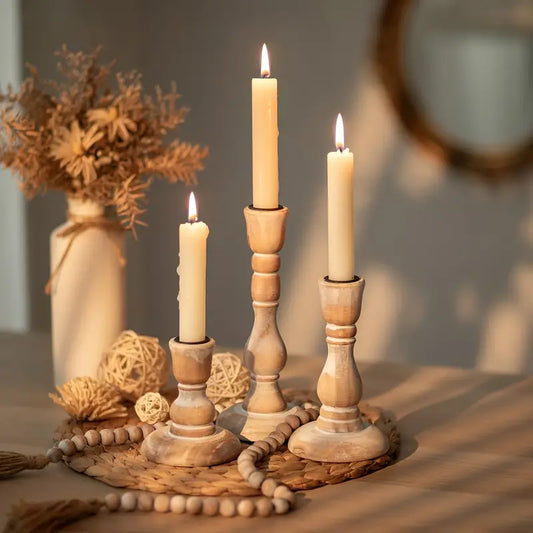 Rustic Wooden Taper Candle Holders - Vintage Set of 3 - Table Decor