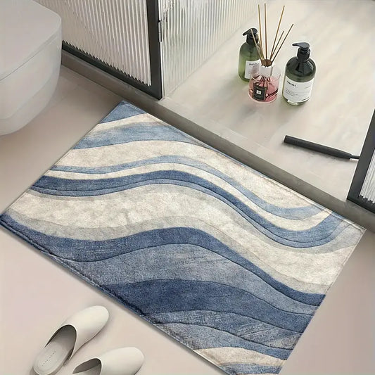 Blue & White Bath Rug - Non-Slip Microfiber, Quick Dry, Machine Washable