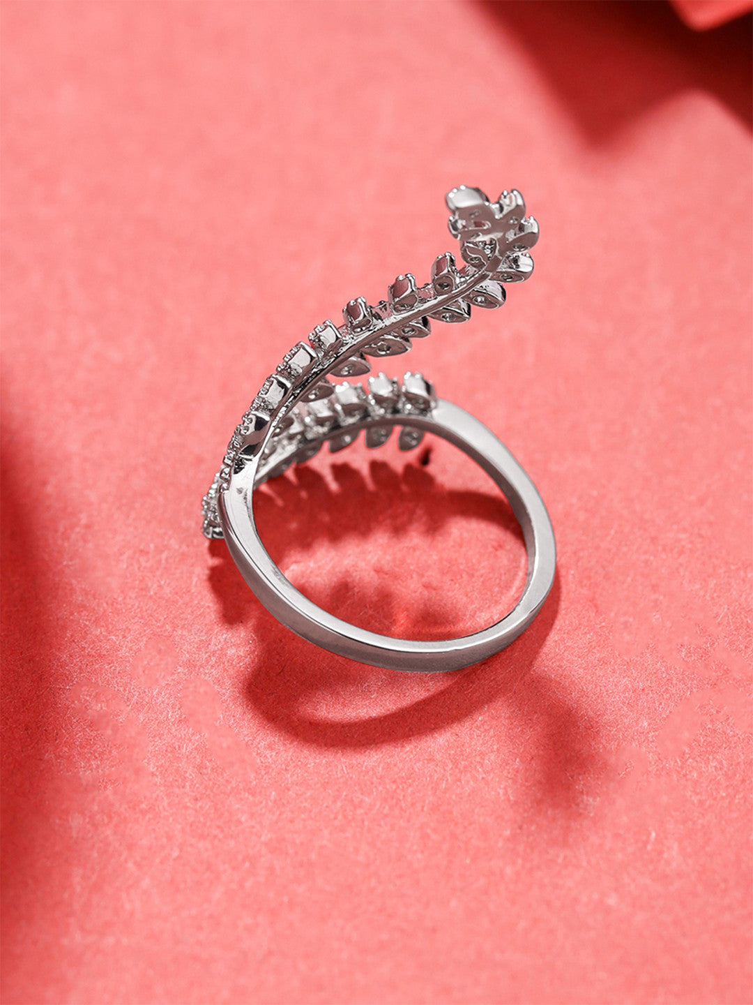 Silver-Toned Leafy Finger Ring – White Crystal-Studded – Adjustable Fit – 1 Unit