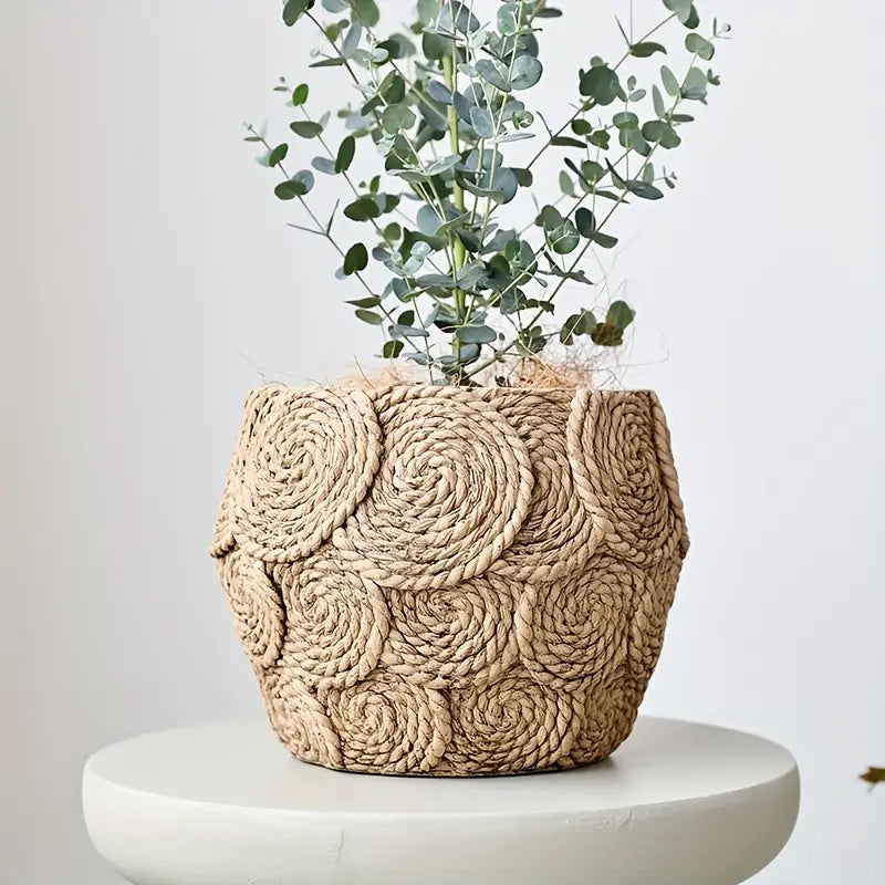 Rustic Cement Planter - Woven Design, Drainage, Indoor/Outdoor