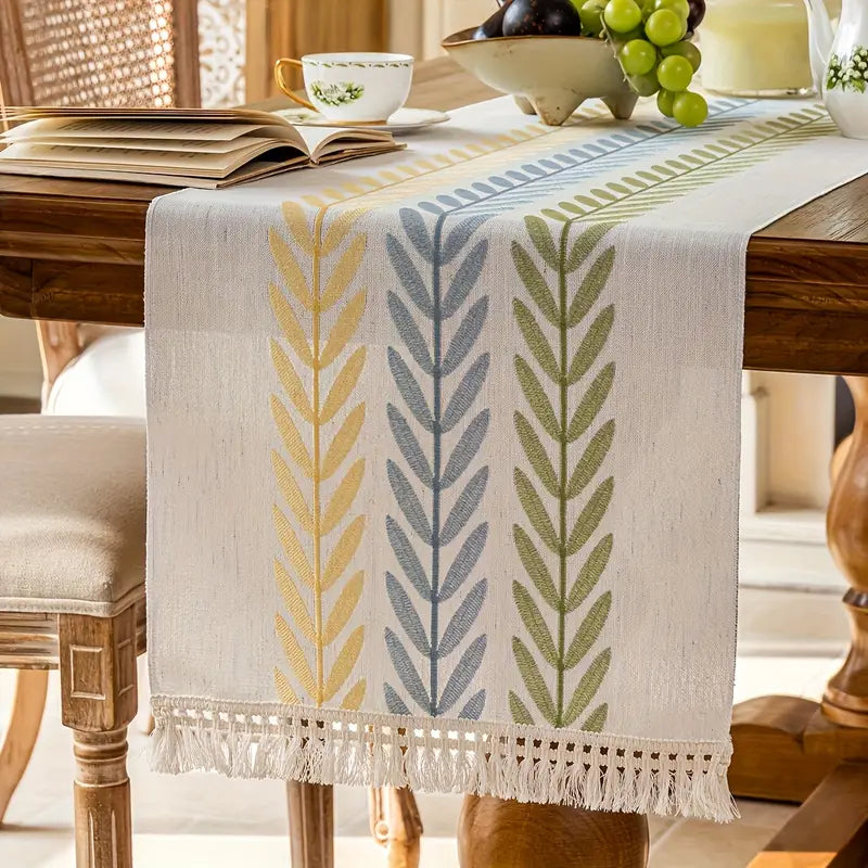 Floral Embroidered Table Runner - White Polyester with Tassels