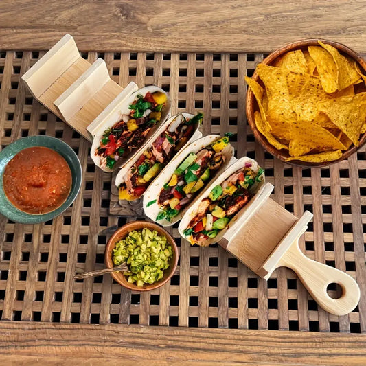 Wooden Taco Holder Rack – Holds 7 Tacos, Bamboo Stand for Parties & Restaurants