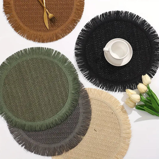 2/4/6/8PC Braided Round Tassel Placemats – Heat-Resistant Western Style Mats