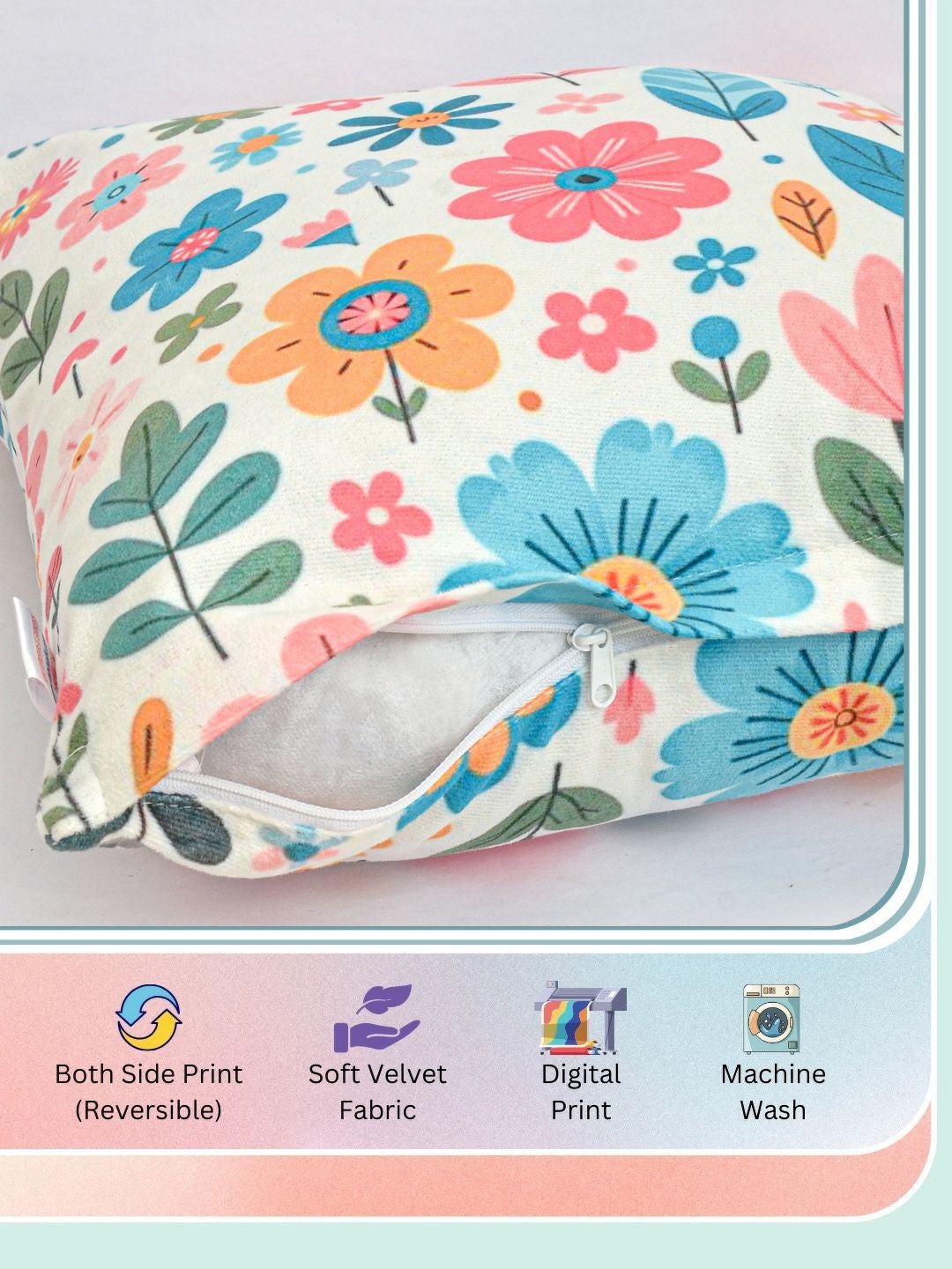 Set of 5 - White Floral Reversible – Cushion Covers – Velvet Digital Printed – 40x40 cm