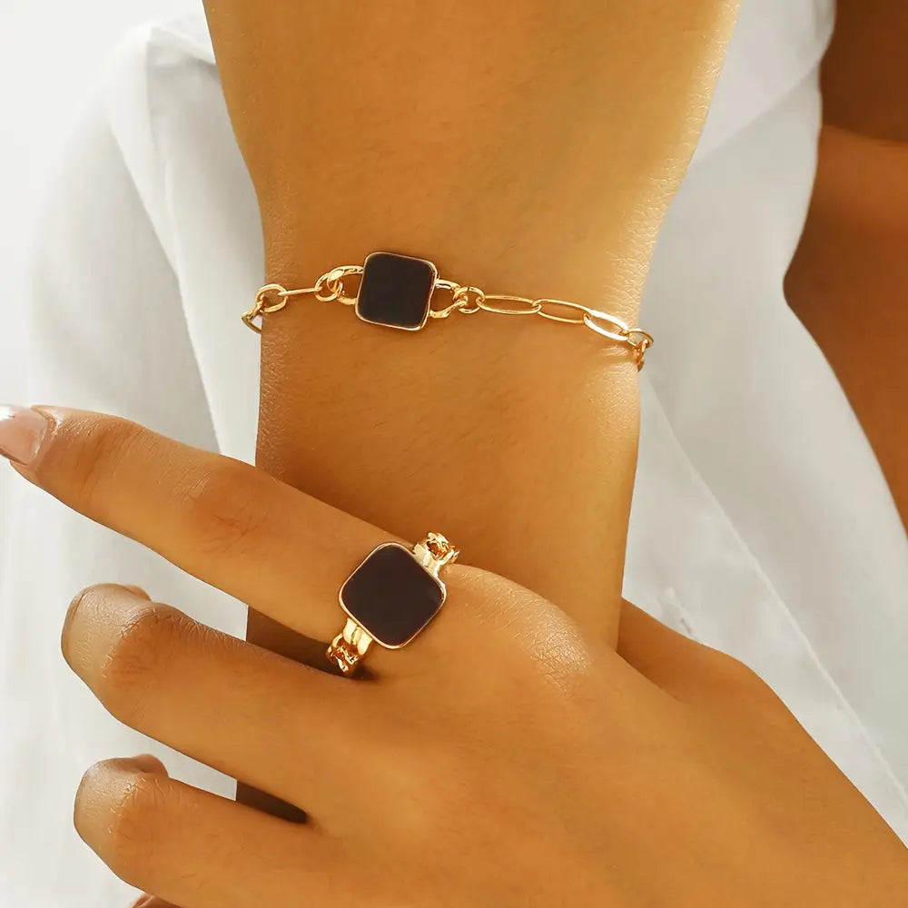 2pcs Vintage Street Style Women Jewelry Set, Iron Square Geometric Bracelet and Ring