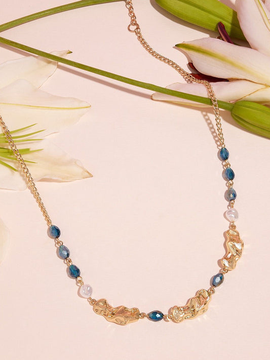 Gold-Plated Minimal Necklace – Fashion Jewellery – Alloy with Blue Bead – 24 cm Length