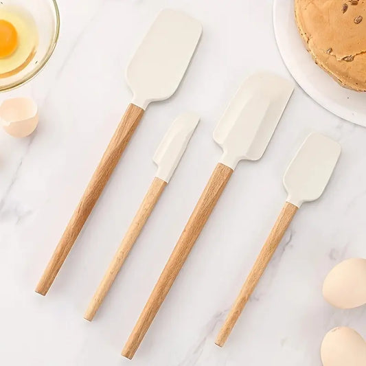 4PCS Silicone Spatula Set – Heat-Resistant Scrapers with Wooden Handles