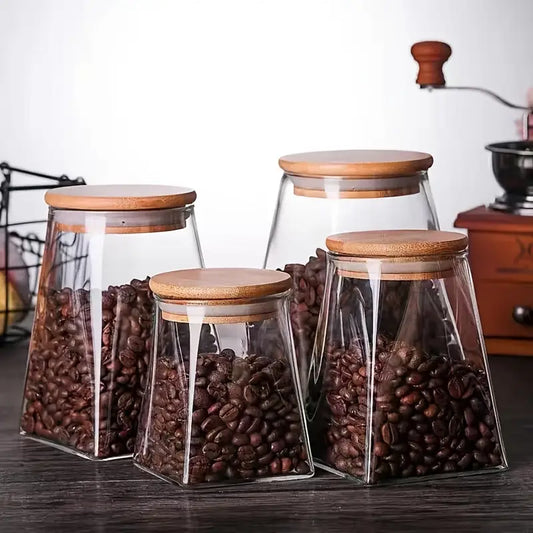 Glass Storage Jar Set - Airtight Food Canisters with Wooden Lids