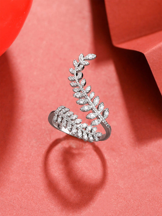 Silver-Toned Leafy Finger Ring – White Crystal-Studded – Adjustable Fit – 1 Unit
