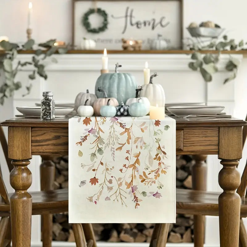 Linen Fall Table Runner - Floral Leaves Thanksgiving Decor