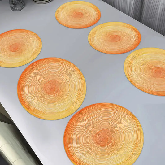 6PC Round Striped Placemats – Orange & Yellow Polyester Dinner Mats