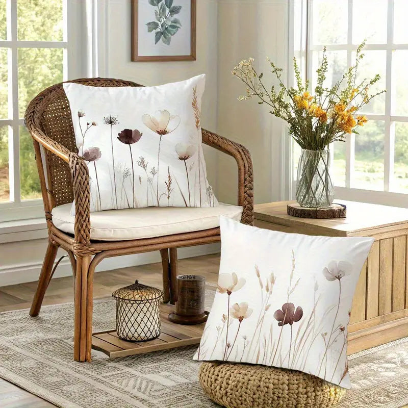 4pcs Floral Pillow Covers 18x18 Beige Brown - Decorative Cushion Cases
