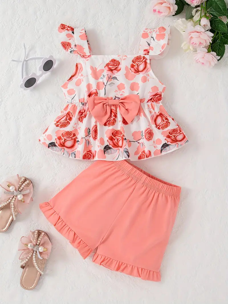 Floral Bowknot Camisole & Shorts Set | 2-Piece Baby Girl Outfit with Headband