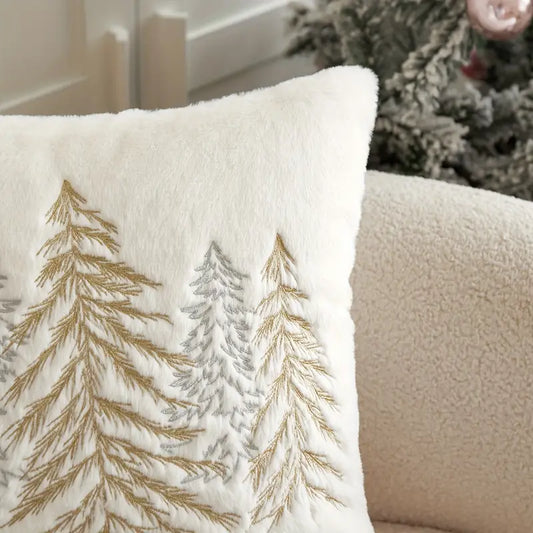 Christmas Tree Embroidered Pillow Cover - Gold Silver Holiday Decor