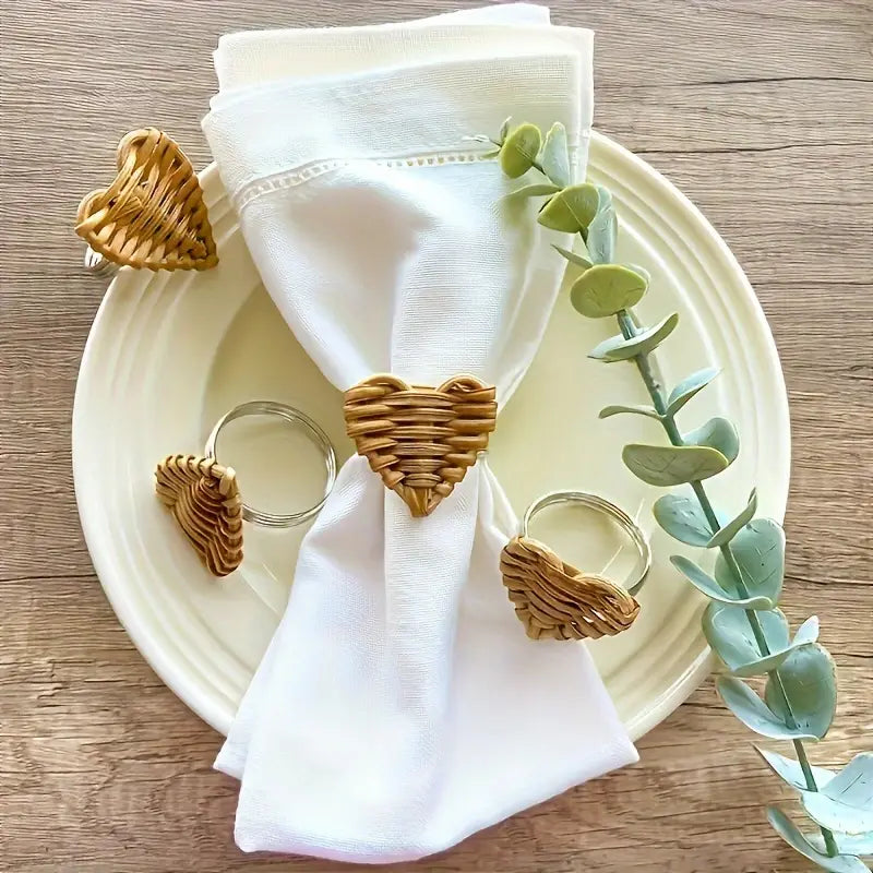Rattan Napkin Rings Set (6) - Rustic Wooden and Metal Decor