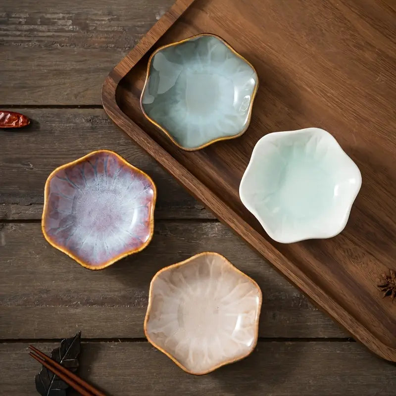 4PCS Hexagonal Sauce Dishes – Ceramic Bowls for Soy Sauce & Pickles