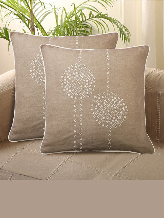 Set of 2 - Grey Cotton Embroidered Accent Pillow Covers – Home Textile Linens – 45x45cm