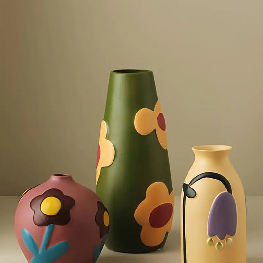 Ceramic Vase Set - Colorful Floral Decor Living Room