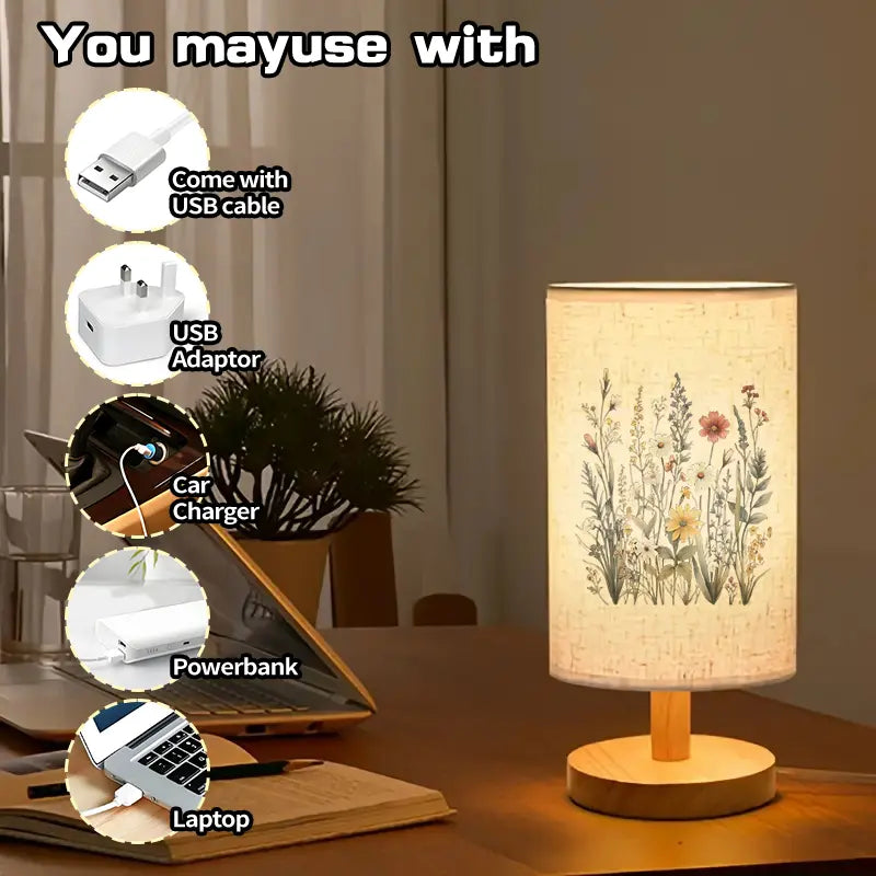 Floral Table Lamp - USB Powered, Warm Light, Wood Base