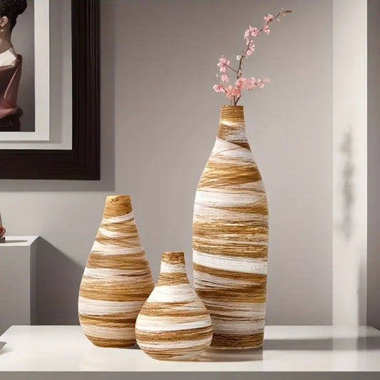 Rustic Ceramic Vase Set - Handcrafted Striped Bud Vases for Home Decor