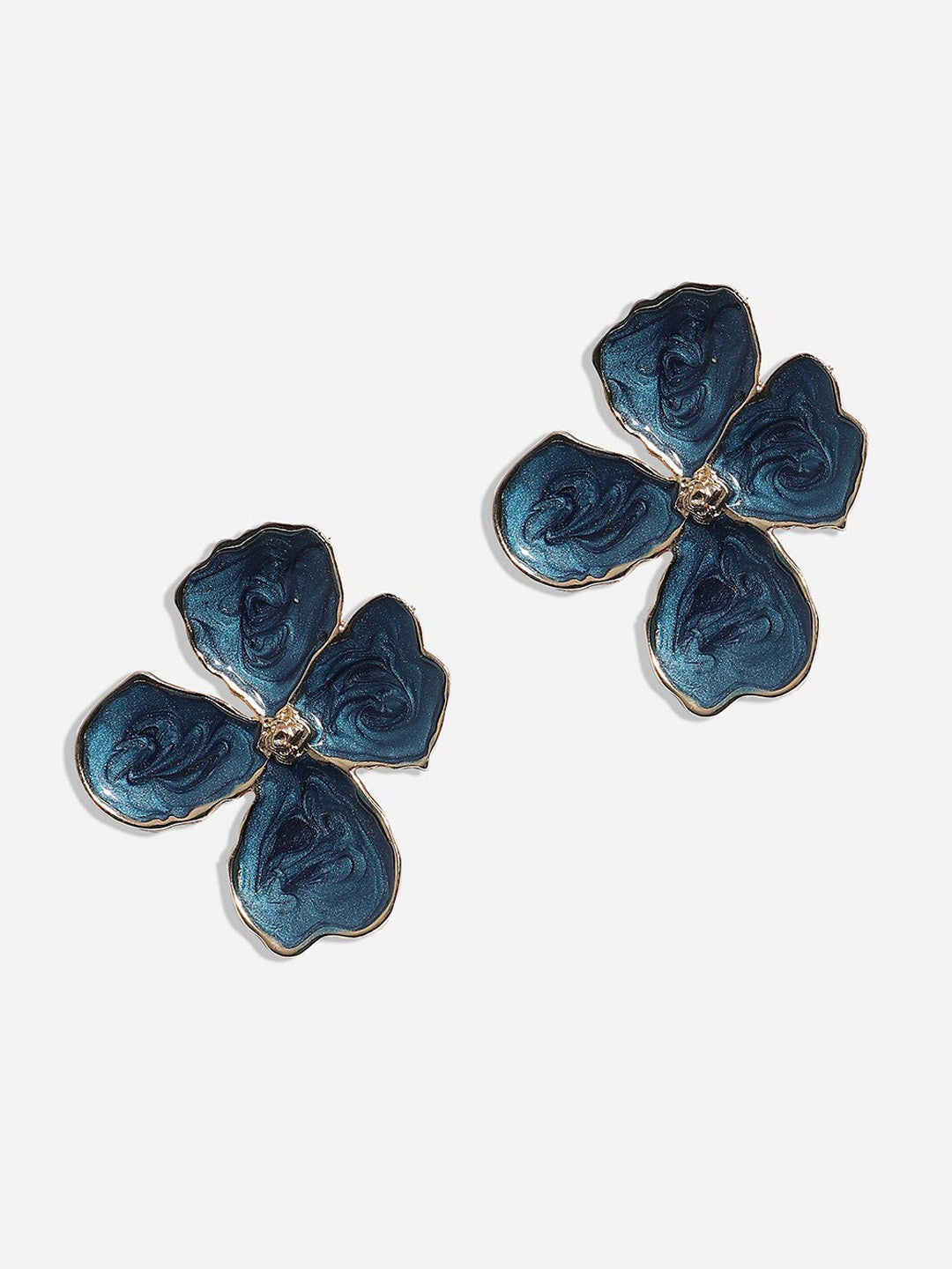 Gold-Plated Stud Earrings – Contemporary Design – Blue Accent – 2.5cm Square