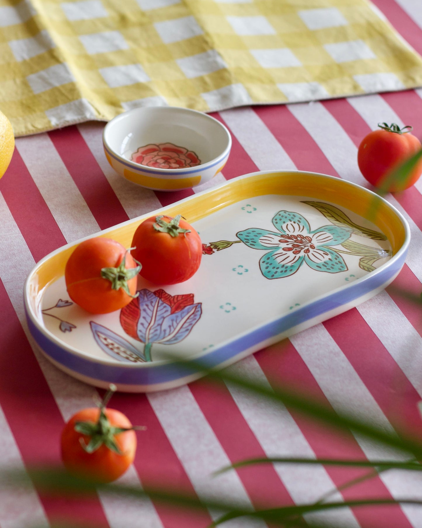 Stripe & Stem Handpainted Ceramic Oval Platter & Dip Bowl