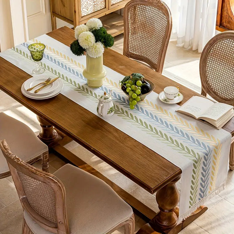 Floral Embroidered Table Runner - White Polyester with Tassels