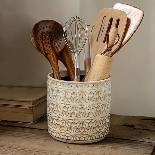 Rustic Ceramic Utensil Holder - Embossed Spoon Tool Storage Vase