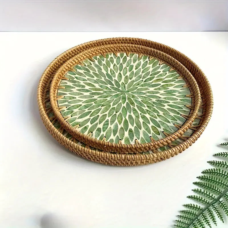 Round Rattan Tray - Blue Floral Leaf Decor - Rustic Serving Tray