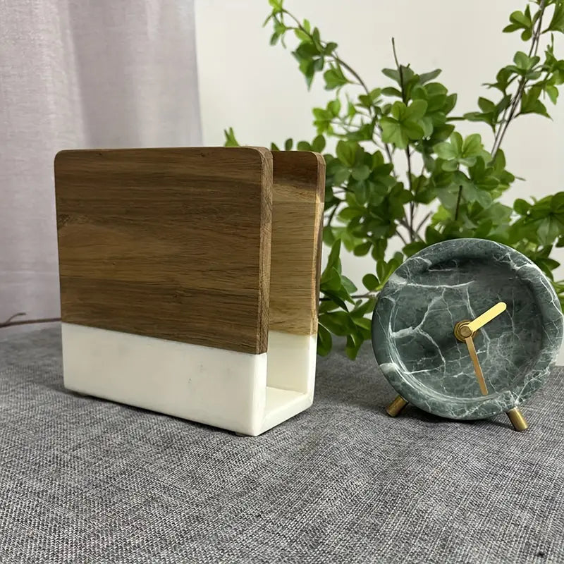 Marble Napkin Holder Wood Base - Modern Elegant Table Decor