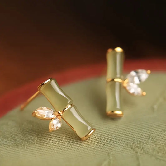 Bamboo Earrings Zircon Studs - Modern Eastern Style