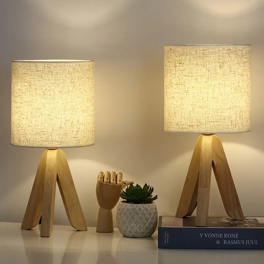 Wooden Tripod Table Lamp Linen Shade Desk Lamp