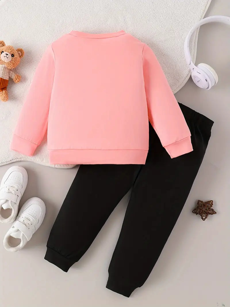 Heart Print Long Sleeve Top & Pants | Casual 2-Piece Baby Girl Outfit for Spring & Autumn