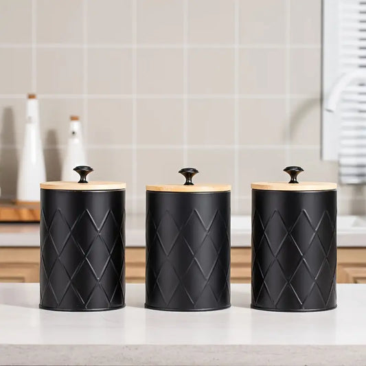 Black Metal Airtight Jars - Coffee Tea Candy Storage - Bamboo Lids