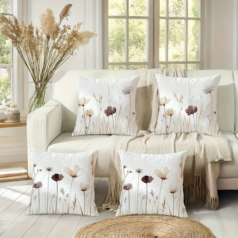 4pcs Floral Pillow Covers 18x18 Beige Brown - Decorative Cushion Cases