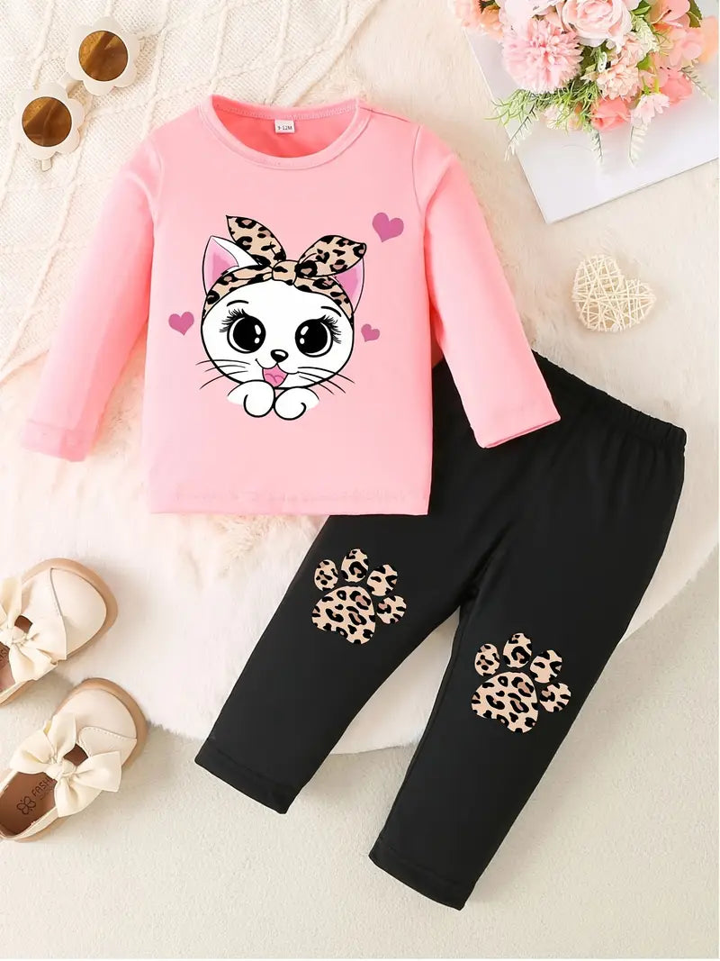 Baby Girl Cat Print T-Shirt & Leopard Paw Pants Set | 2-Piece Outfit with Hairband
