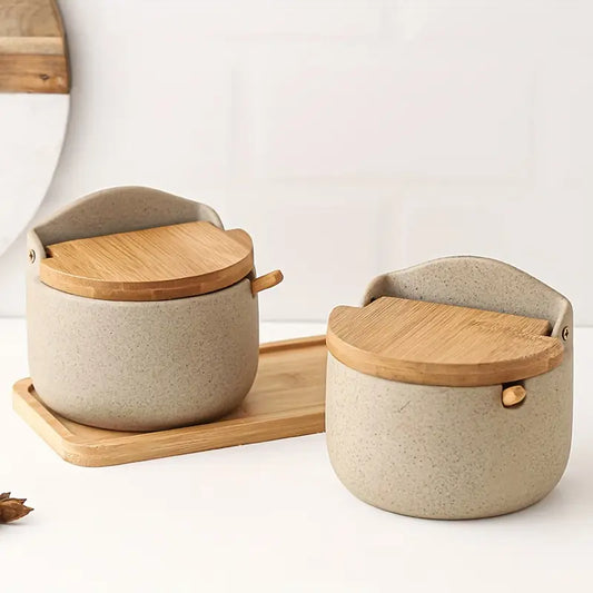 2PC Ceramic Seasoning Jars – Bamboo/Wood Lids – Salt & Spice Storage Set